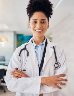 a female doctor with a stethoscope around her neck