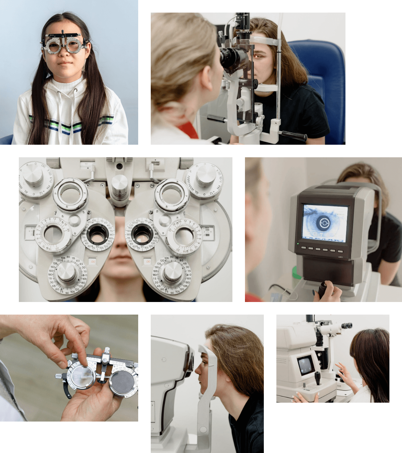 Girls getting their eyes tested and other eye instrument tools.