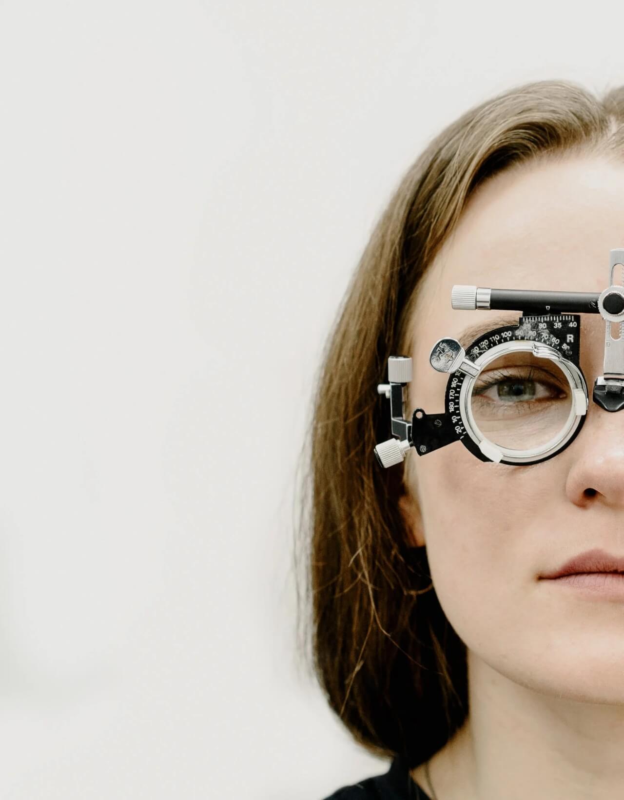 Woman wearing special measurement glasses.