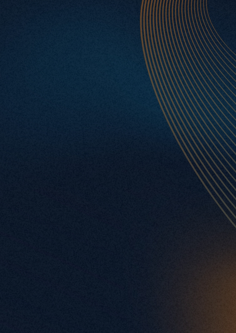 Dark blue background with curved orange lines in the top right.