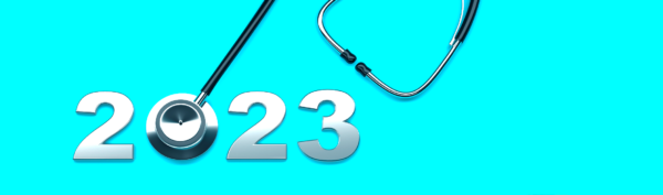 Stethoscope making the 0 in the year 2023 over a light blue background.