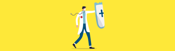 Animation of a doctor in front of a yellow background holding up a shield.