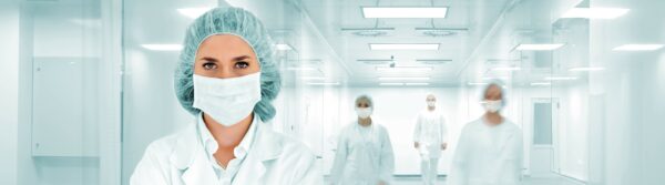 a female surgeon wearing a mask and surgical cap