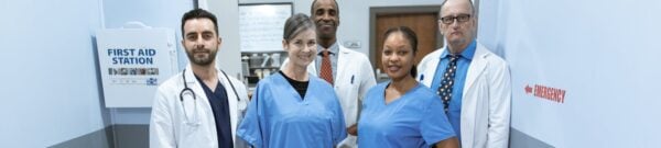 Diverse medical practice staff team in a healthcare setting